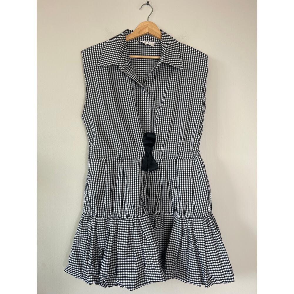 NEW Sea New York Tiered Bubble Hem Sleeveless Gingham Mini Dress Black White - Picture 2 of 7